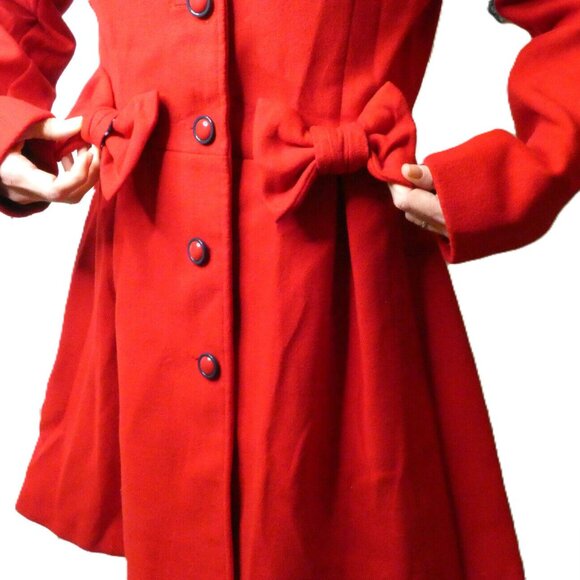 Red Coat Size 8 Lined Buttons & Bows Rare Warm Miss Selfridges Stylish *Flaw - Picture 8 of 16
